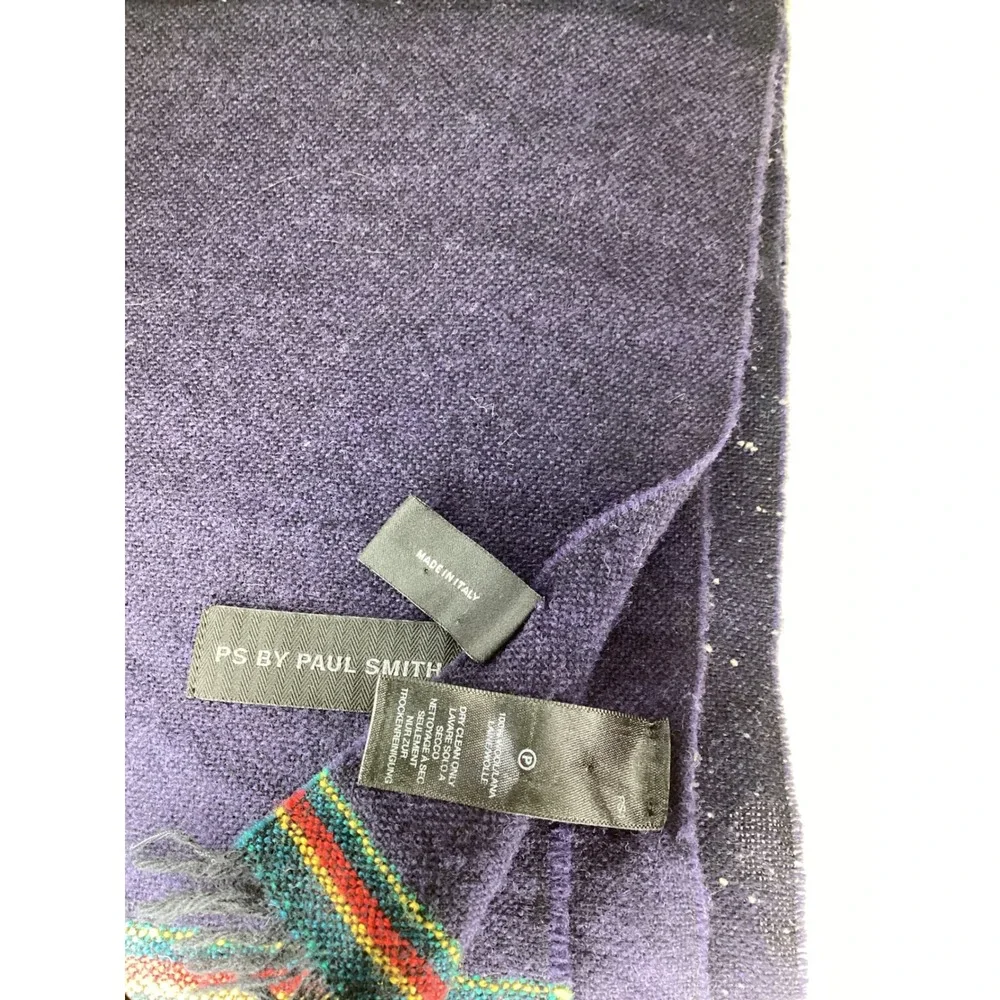 PS by Paul Smith Mens Navy Blue Speckled Wool Scarf Italy Fringe Multi Stripe